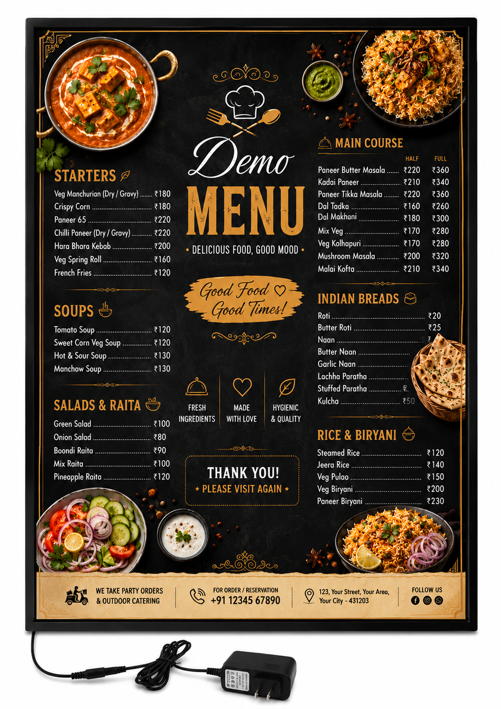 LED Menu cA3 LED Backlit Menu Display Frame with Printed Poster & Power Adapter | Slim Snap Frame for Restaurants, Cafes & Shopsard