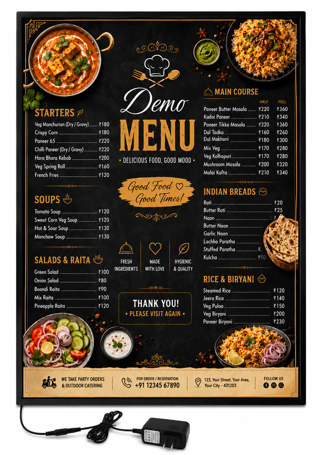 LED Menu cA3 LED Backlit Menu Display Frame with Printed Poster & Power Adapter | Slim Snap Frame for Restaurants, Cafes & Shopsard