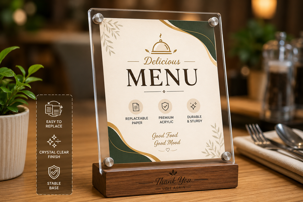 Premium Acrylic Table Menu Card Holder (Replaceable Paper Display Stand)