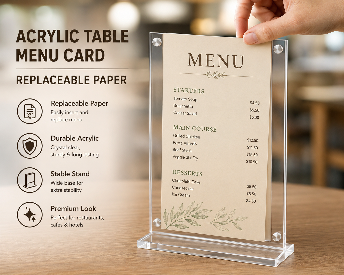 Premium Acrylic Table Menu Card Holder (Replaceable Paper Display Stand)
